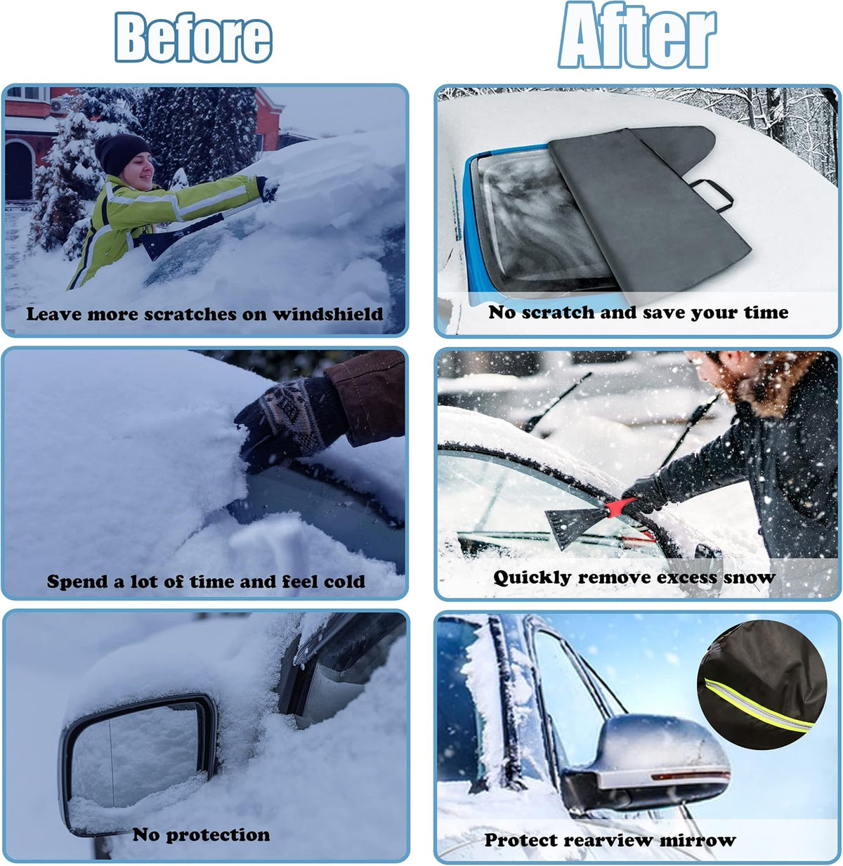 Xgunion Car Windshield Snow Cover for Ice and Snow- Durable 600D Oxford Fabric with Side Mirror Covers Ice Scrapers Waterproof Windproof Dustproof Windshield Covers Universal Fit for Most Vehicle