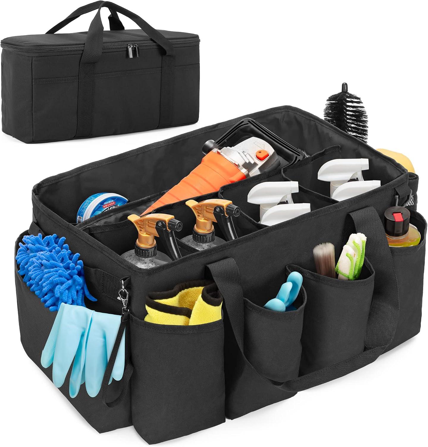 HODRANT Detailing Bag with Polisher Carry Bag, Large Detail Car Care Box for Auto Detailing Supplies, Car Wash Caddy & Trunk Organizer for Buffer Bottle Towel & Cleaning Kit, Black, Patent Design