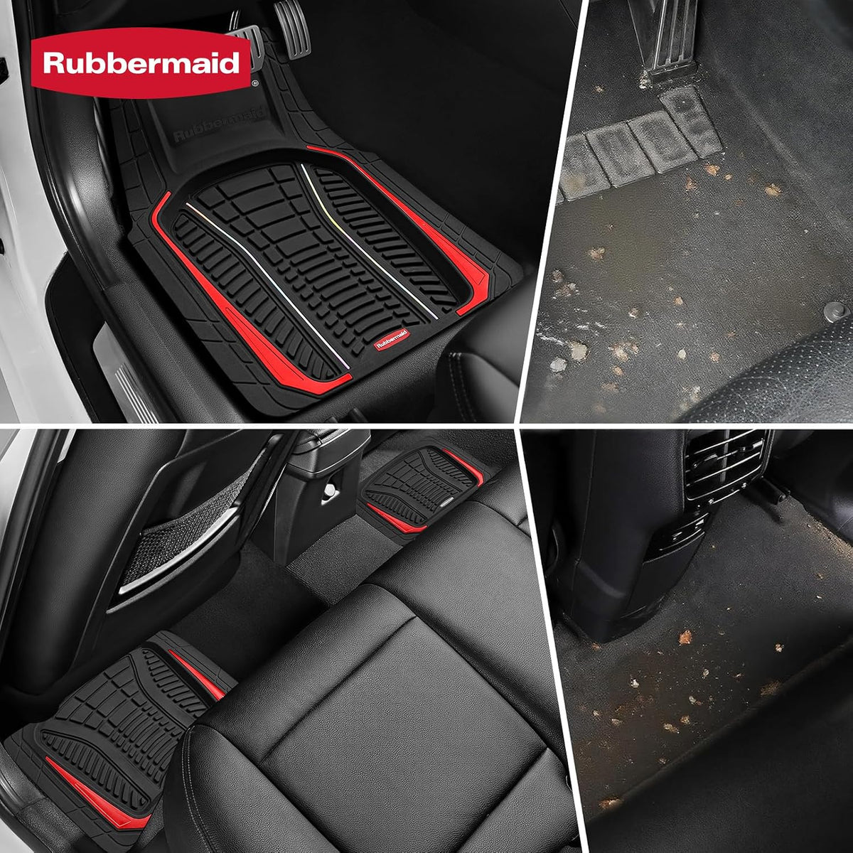 Rubbermaid Car Floor Mats Full Set – Premium All-Weather Car Mat with Brushed Aluminum Inserts, Universal Trim-to-Fit Design, Anti-Slip Backing for Cars, SUVs, Trucks, and Vans
