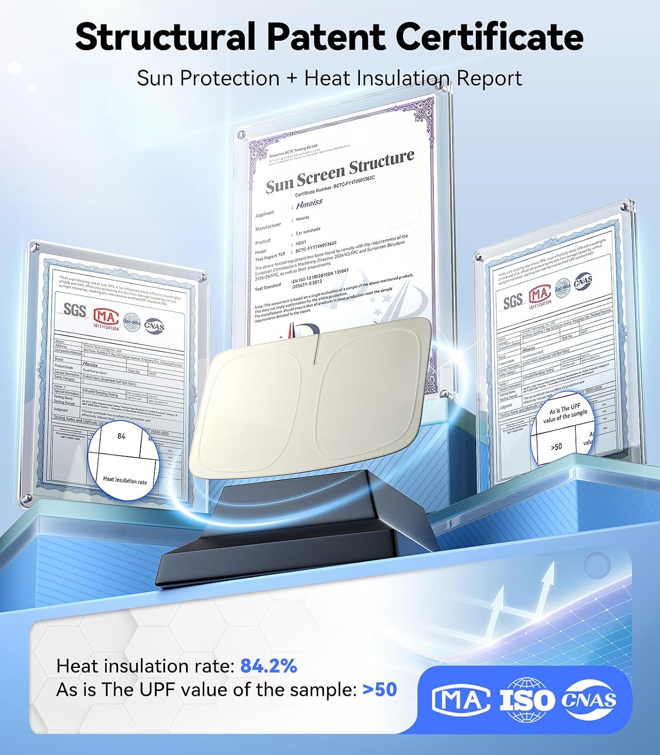 Nmoiss Ice Silk Air-Cooled Car Windshield Sun Shade, [Enjoy Superior Coolness & Comfort] 84.2% Heat Insulation UPF>50 UV Block Interior Protection, Universal Fit for Car SUV Truck, Medium 64"x32"