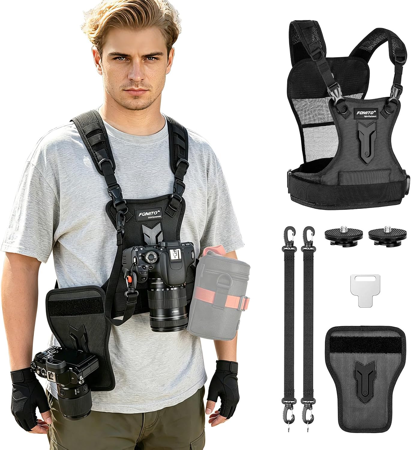 FOMITO Multi Camera Carrying Chest Harness System Vest with Side Holster for Canon for Nikon for Panasonic for Olympus for Sony A7R A7S A7II A7RII A58 A99 A6000 A6300 DSLR