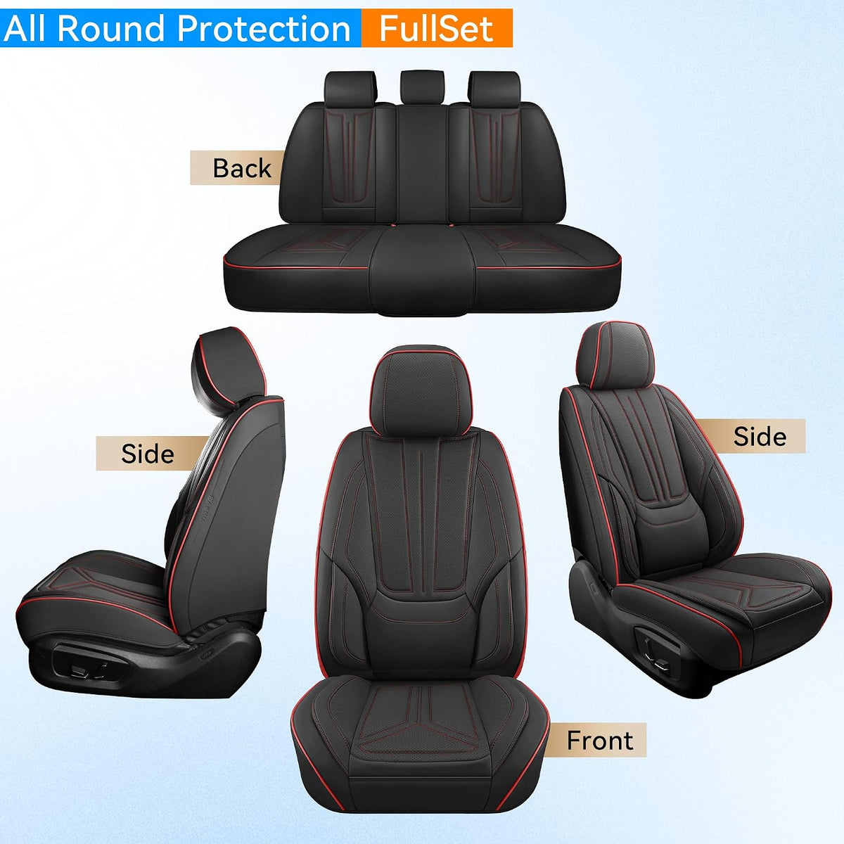 Car Seat Covers Full Set Black Red Line, Leather seat covers, Universal Fit