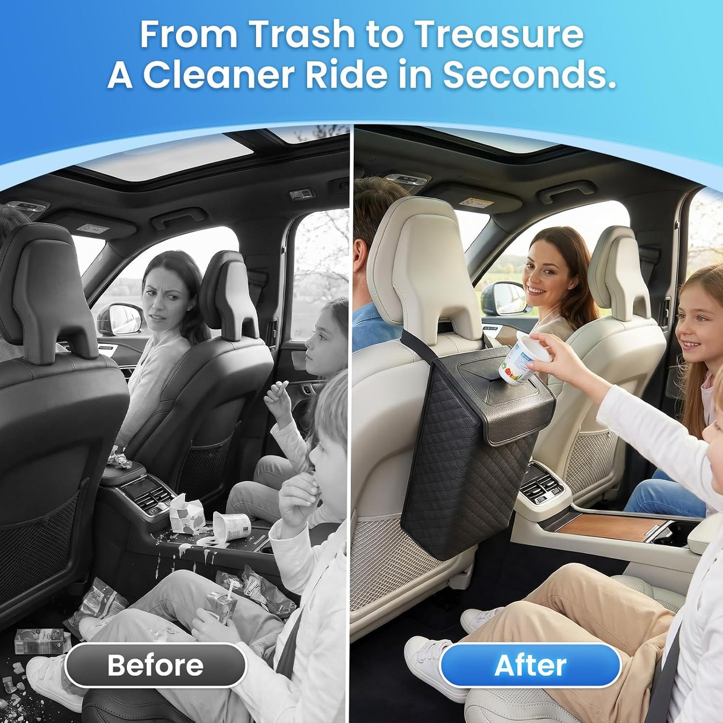 Tsumbay Car Trash Can with Lid, Leather Garbage Can, Leakproof and Removable Interior Liner, Multipurpose Hanging Garbage Bin with Quick Access Magnetic Opening, Trash Bin for Car (2 Gallon/7.5L)