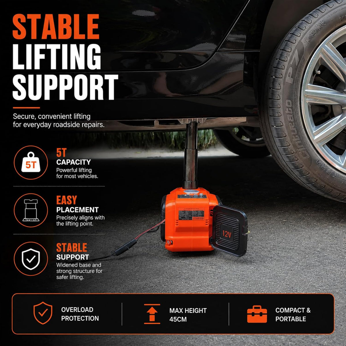E-HEELP Electric Car Jack Kit 5 Ton 12V with Inflator, 6.1-17.7 in Lift