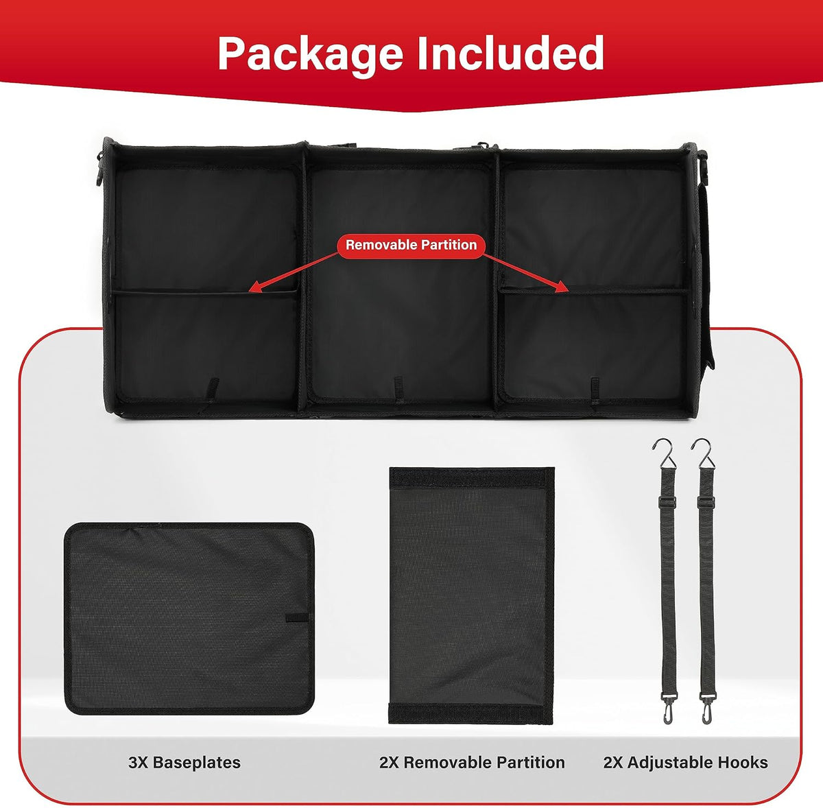Simple Deluxe Trunk Organizer for Car, 95L Large Capacity, Collapsible Multi Compartment Automotive SUV Accessories, Adjustable Strap & Non Slip Bottom, for Travel/Home/Office, Black Newv