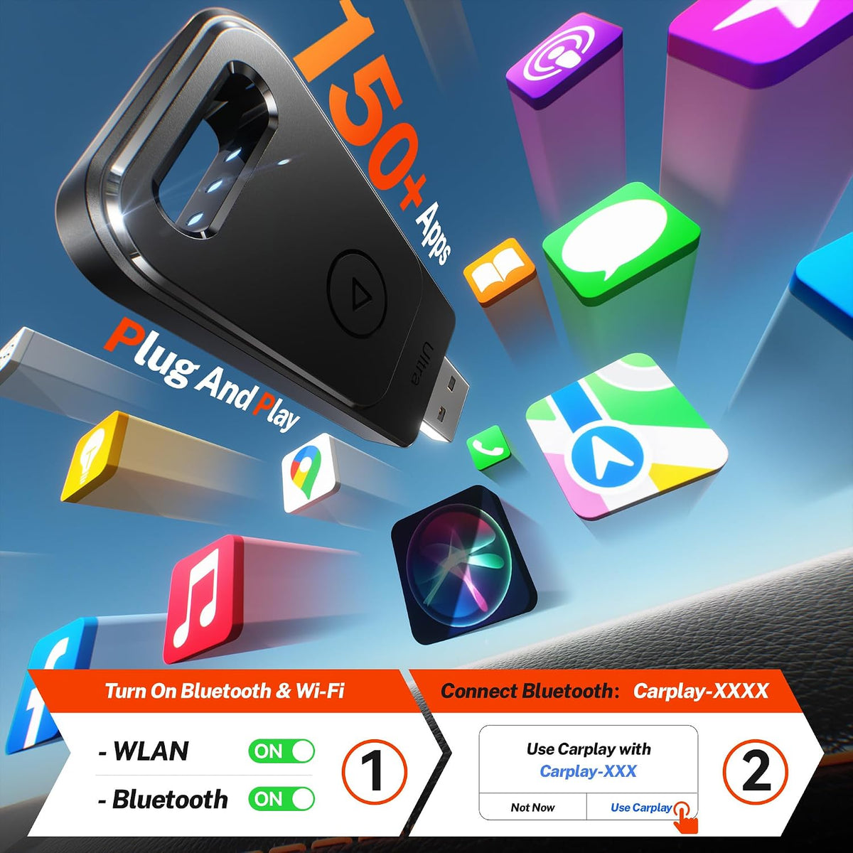 for Apple Carplay Wireless Adapter, 3X Fast Auto-Connect, No Latency, Plug&Play, Wireless Carplay Adapter, 2026 Mini Car Play Dongle for iPhone 6~17, Fit for 927+ Cars,USB A/C (Black)