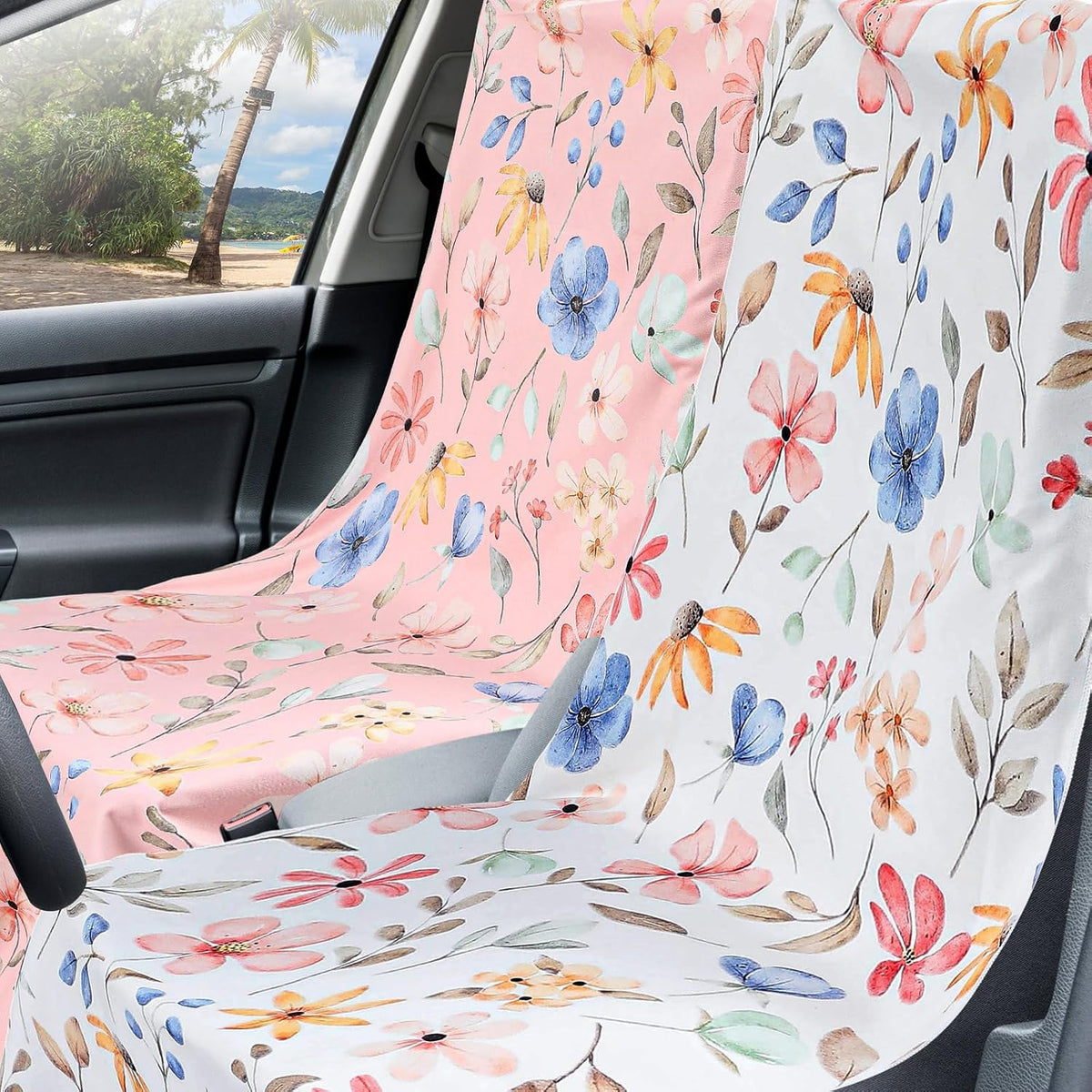 Hahafelt 2 Pack Car Seat Towel Cover with Storage Bag, Watercolor Flowers