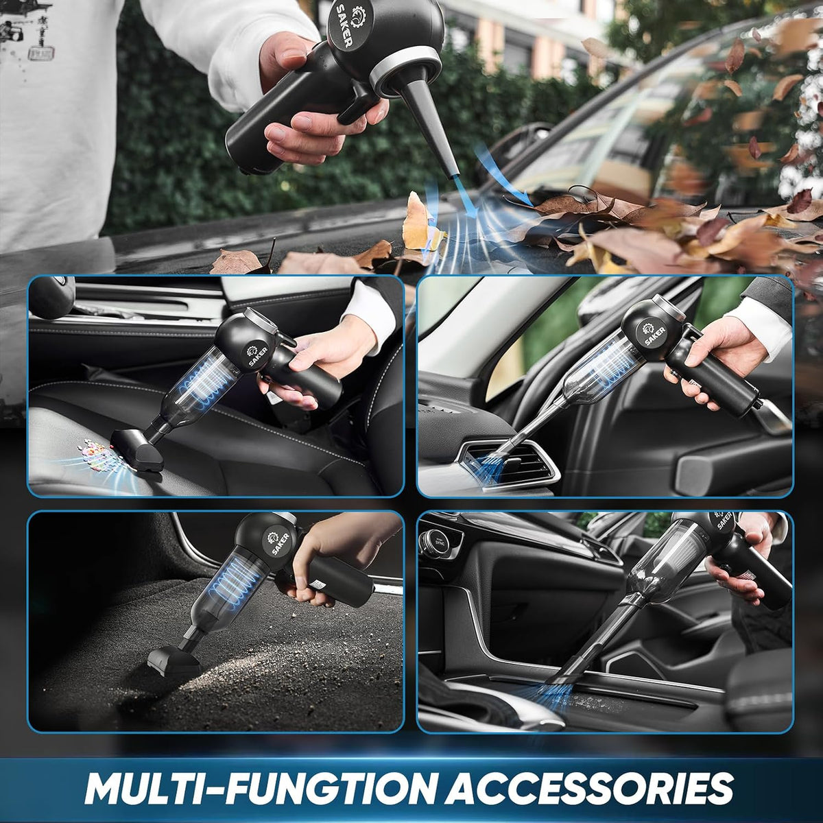 Saker Car Vacuum Portable 6-in-1 Cordless Vacuums, 20000PA SW102 Black