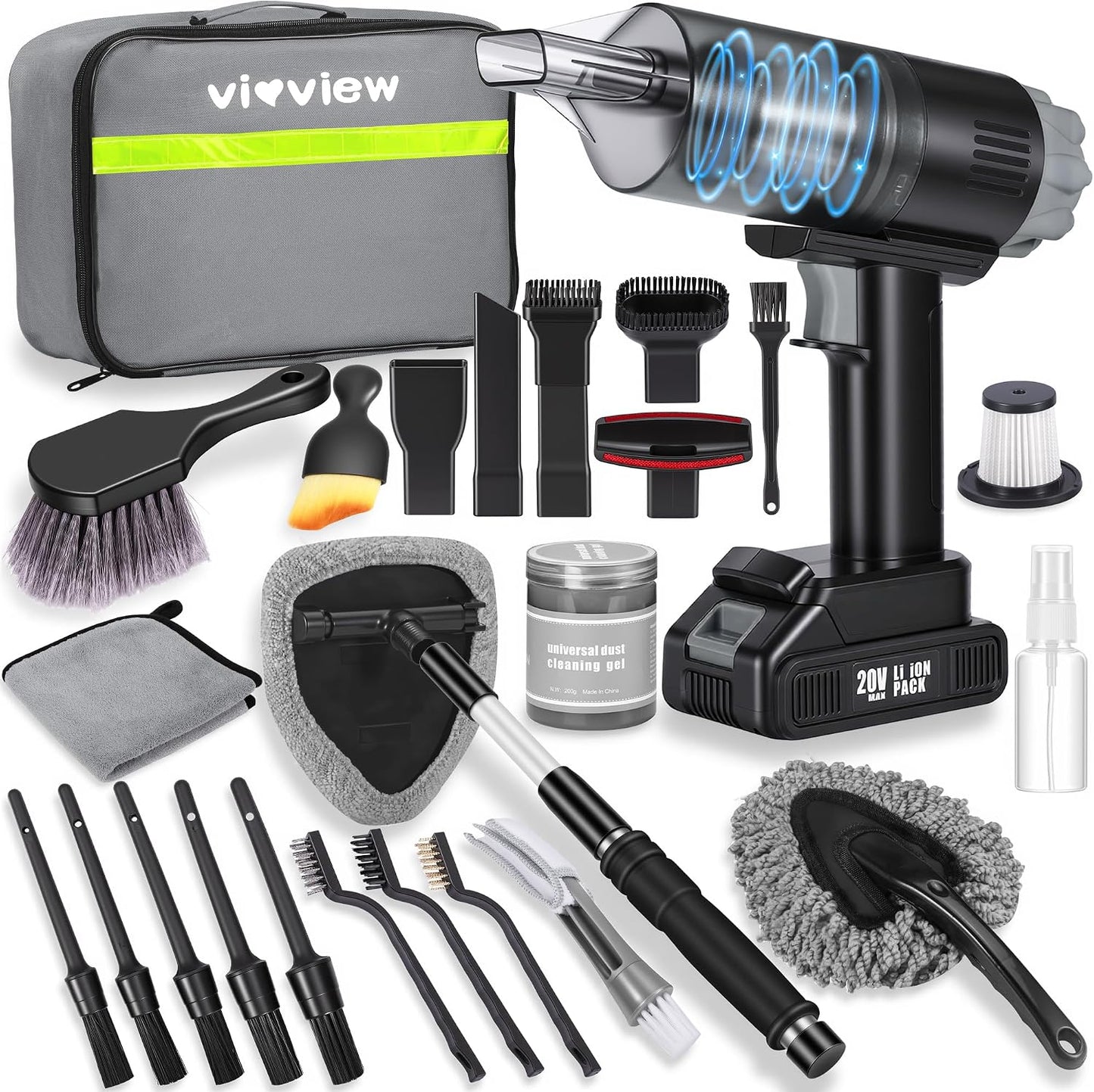 26pcs Car Cleaning Kit, Gray Interior Detailing Kit with High Power Vacuum Portable Cordless, Handheld Vacuum Cleaner for Home, Car, Pet Hair, Keyboard, Complete Auto Accessories for Gift