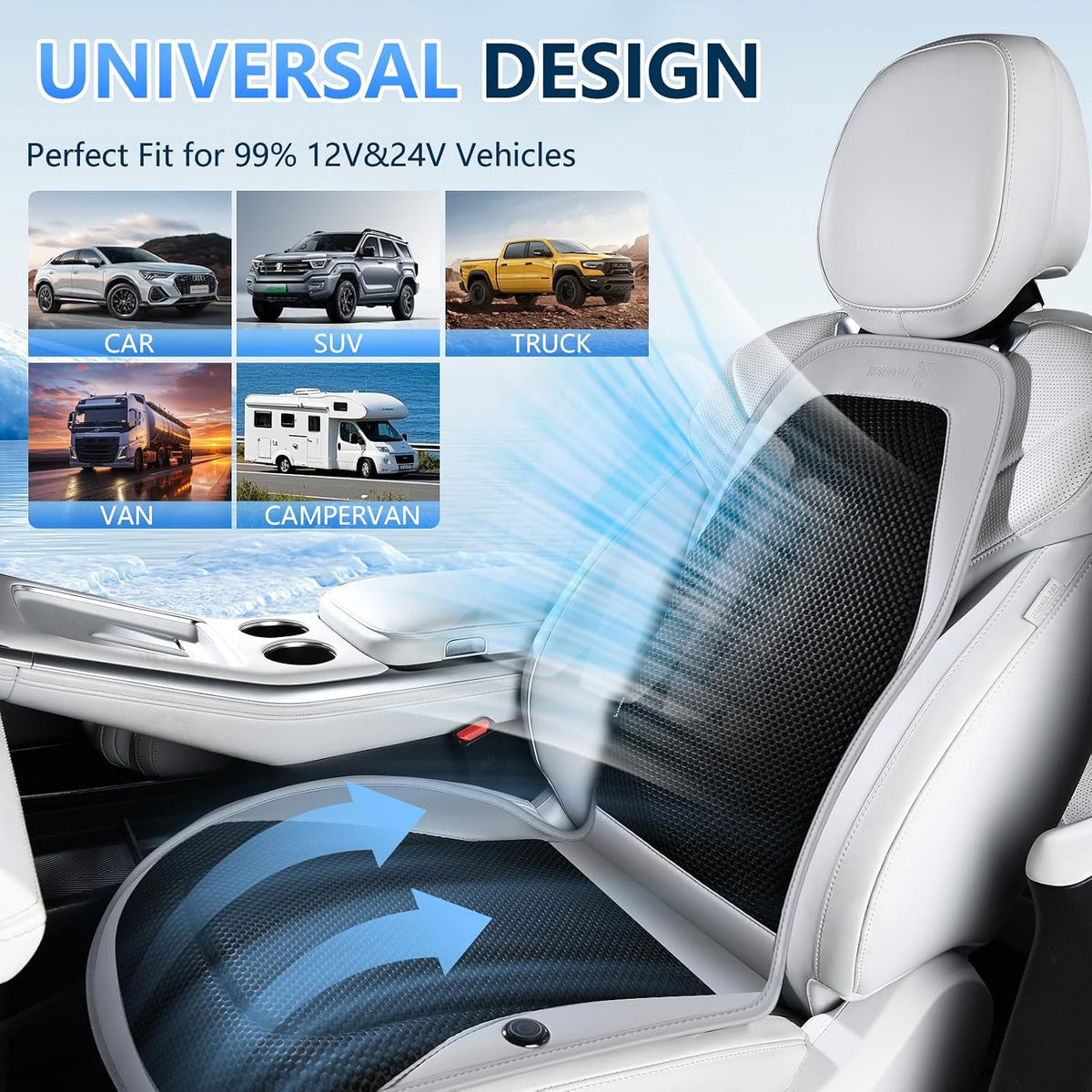 Upgraded Cooling Car Seat Cover Front Seat with Blowing&Suction, 12V-24V Ventilated Car Seat Cushion with 8 Turbo Fans, 3-Speed Adjustable Universal Fit Breathable Car Cushion for Summer Driving-Gray