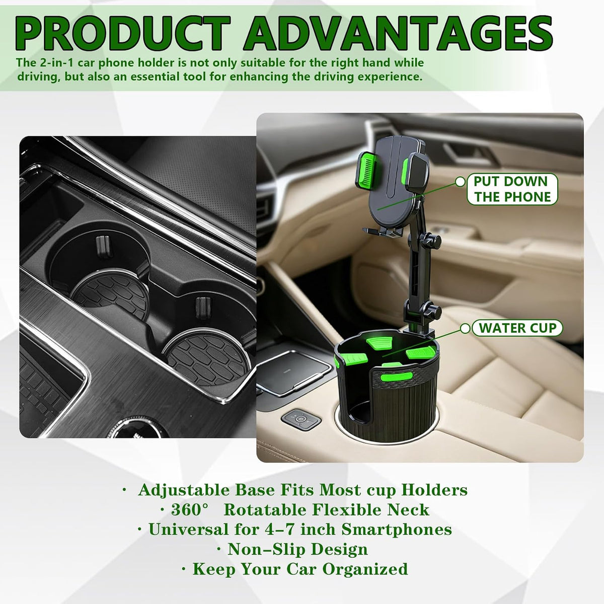 Cup Phone Holders for Your Car, Cup Holder Phone Mount, 2 in 1 Cup Holder Phone Mount with Adjustable Base, Car Cellphone Large Adapter Long Arm with 360 Degree Rotation for Vehicles (Green)