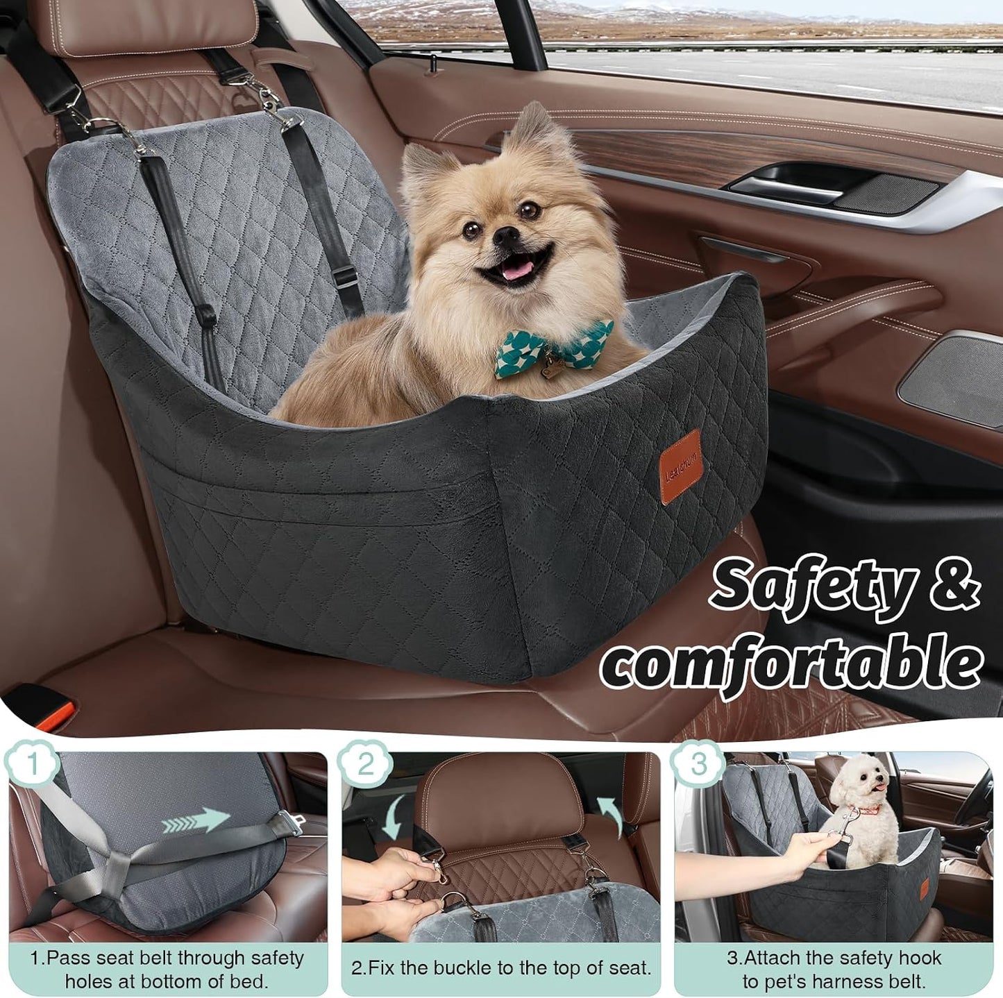 Lealchum Dog Car Seat for Medium Dogs Up to 40lbs,Fully Detachable and Washable,Memory Foam Covered Soft Fabric,Easy to Install with Adjustable Straps,Anti-Slip Base,2 Side Pockets(Black/Grey,Medium)