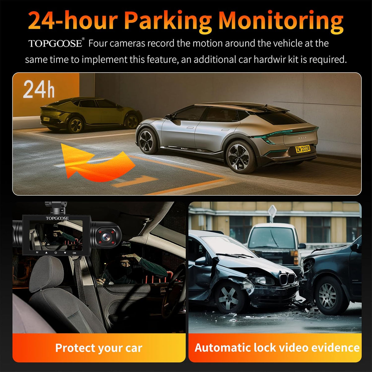 4 Channel Dash Cam 360° View,TOPGOOSE 2K Front and Rear Inside, Left Right Dash Camera for Cars,8 IR Lamps Night Vision,5G WiFi & APP Control,G-Sensor,Parking Mode,with a Free 64GB SD (3.18 inches)