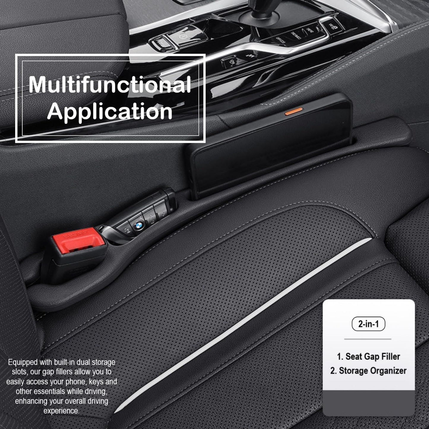 Car Seat Gap Filler Plug Strip 2 Pack, No-Drop Carseat Side Gap Filler Organizer Catcher with Dual Storage & Seatbelt Slot,Universal Fit Fill The Gap Between Seats & Console for Car SUV Truck, Black