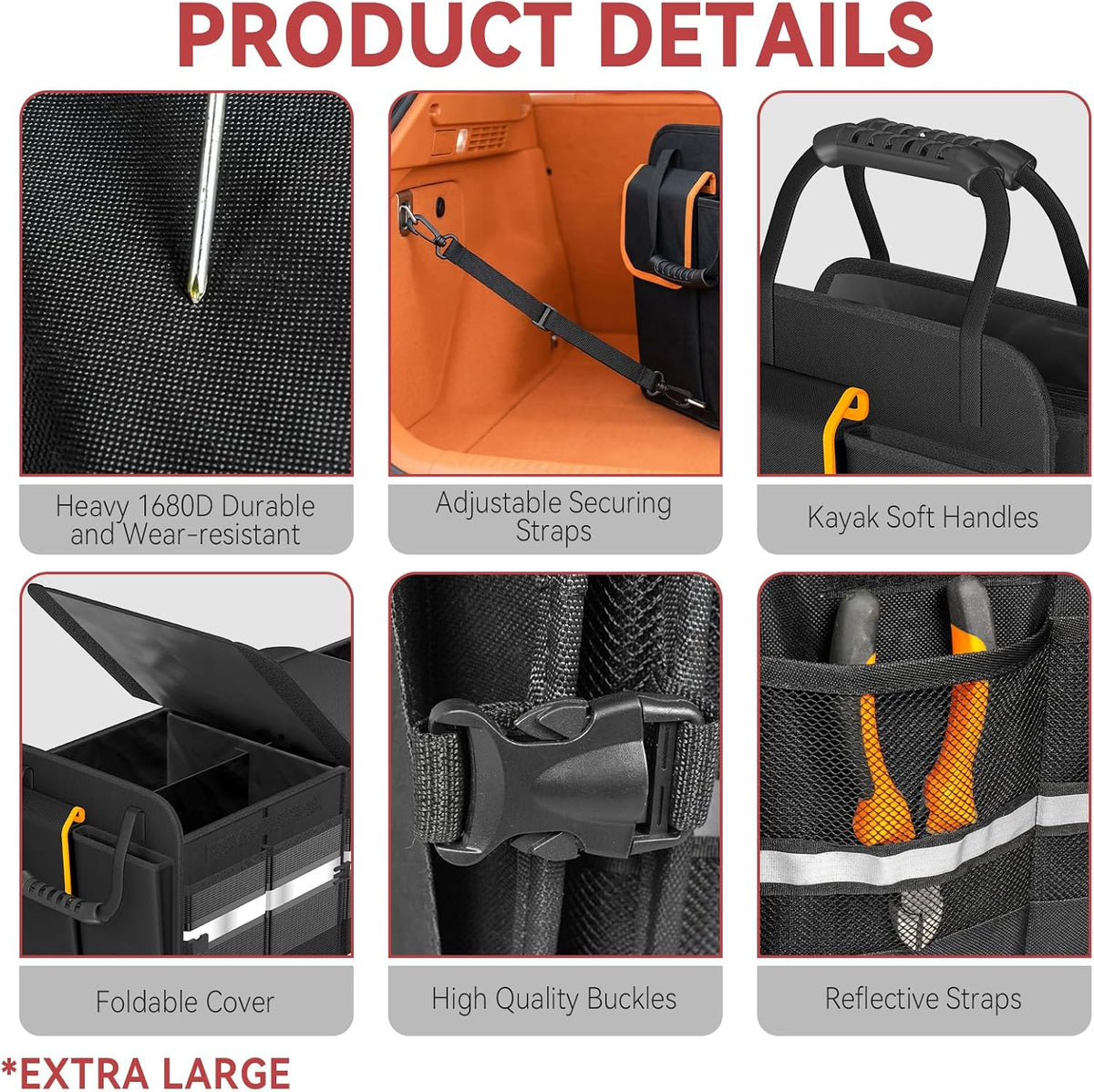XL Heavy-Duty Trunk Organizer for Car, 6 Adjustable Compartments & Cooler | Car Trunk Organizer With Lid & Removable Leakproof Cooler Bag, Reinforced Panels, Non-Slip Base, Tie-Down Straps For Sedan
