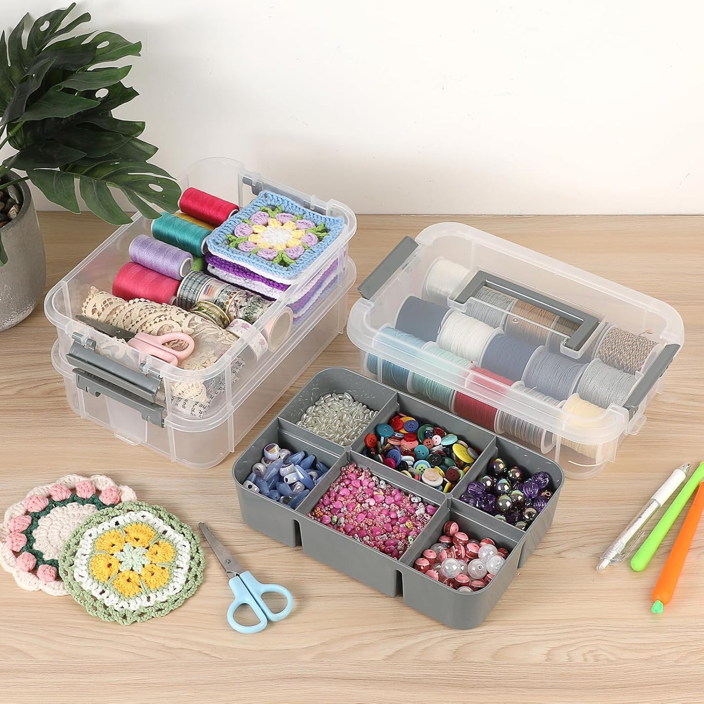 JUXYES 3-Tiers Plastic Stack Carry Storage Containers Box wih Handle Lids | 2 Pack Clear Stackable Craft Storage Bin for School &amp; Office Supplies, Organizing Stationery, Sewing, Art Craft, DIY Supplies