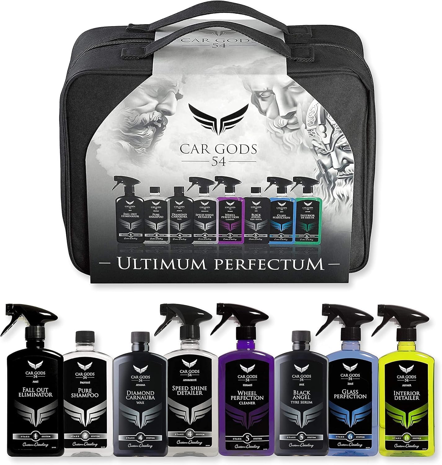 Car Gods 8 Piece Car Cleaning Detailing Kit - Shampoo - Carnauba Wax - Wheel Cleaner - Shine Detailer - Fallout Eliminator - Tyre Serum - Interior Detailer - Glass Cleaner