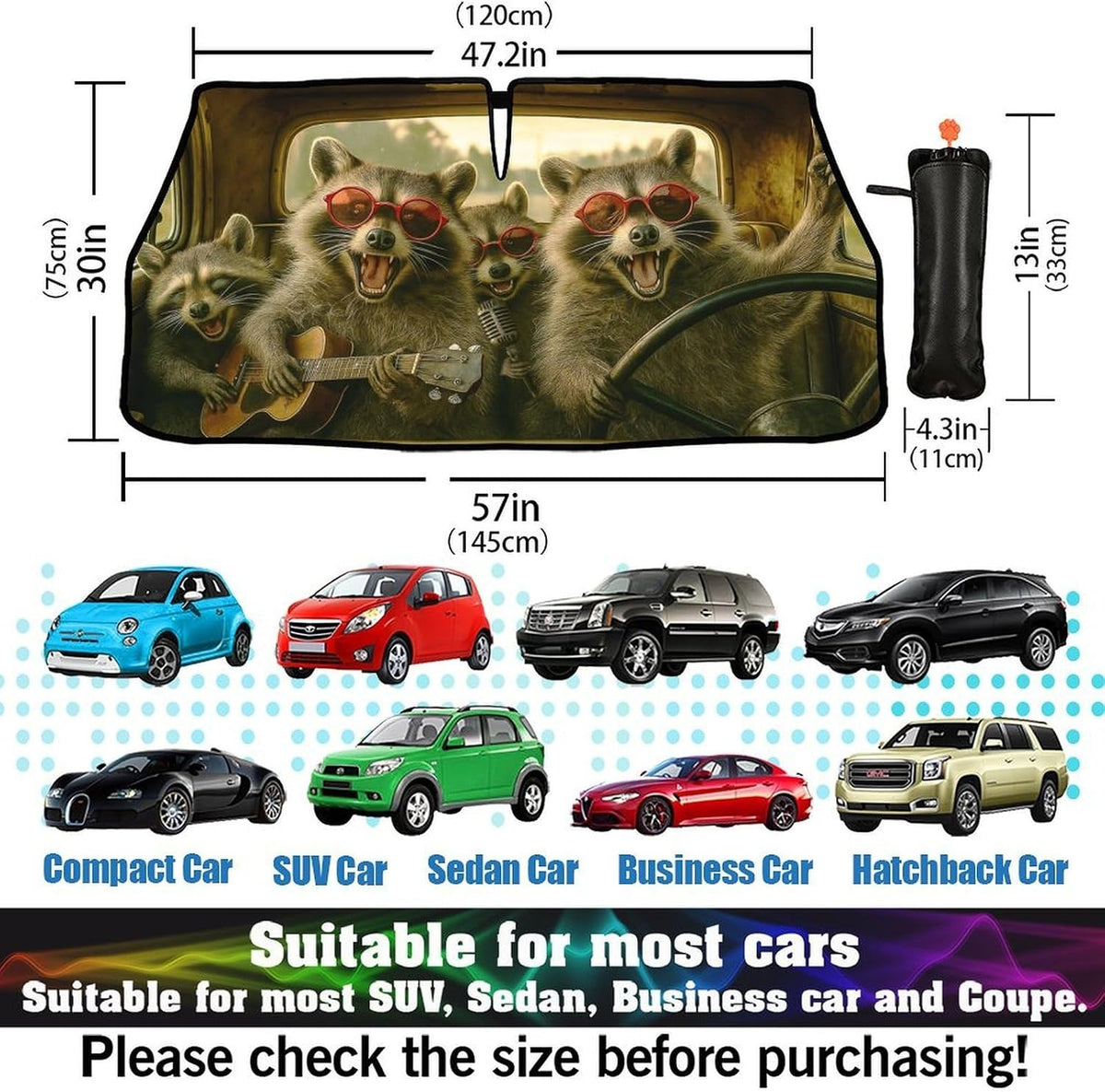 Funny Raccoon Car Windshield Sun Shade Umbrella Bendable Handle Foldable Animal Print Sunshade for Car Windshield Block UV Rays Keep Vehicle Cool for Most Sedans SUV Trucks Cars 57"x30"