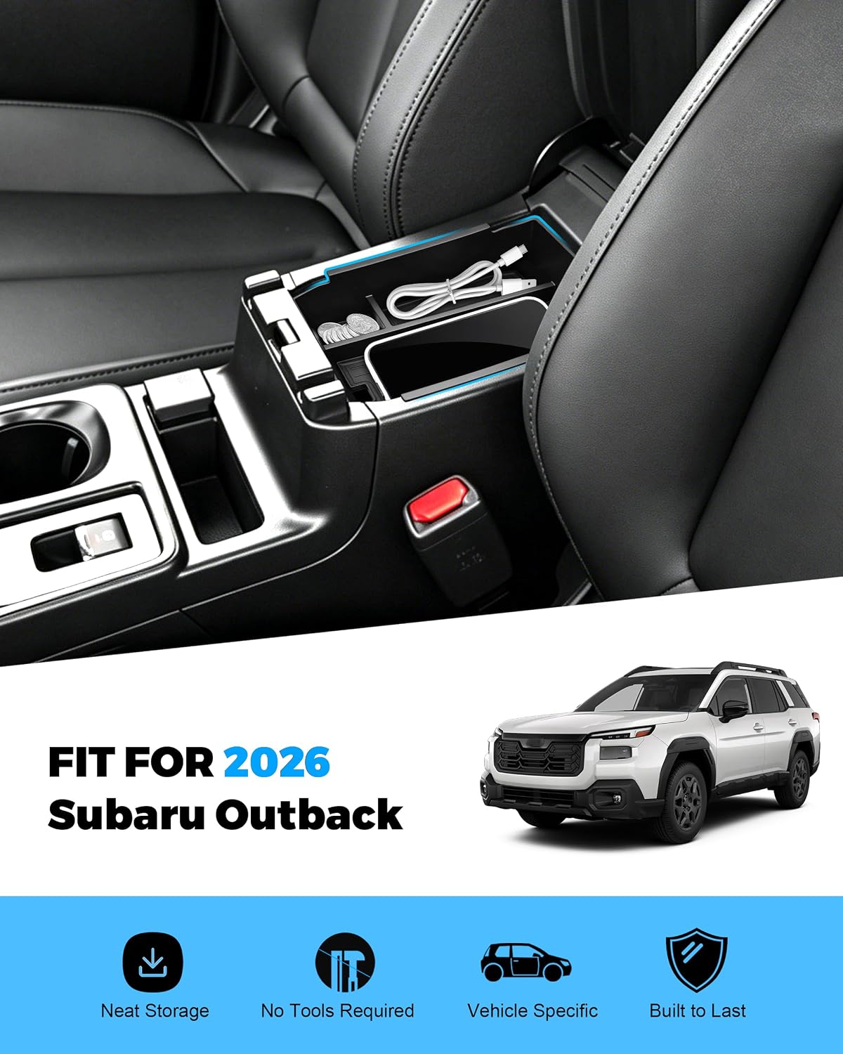 Center Console Organizer Tray for 2026 Subaru Outback Wilderness/Premium/Limited/Touring/XT, Custom Fit Armrest Storage Insert with Non-Slip Mats