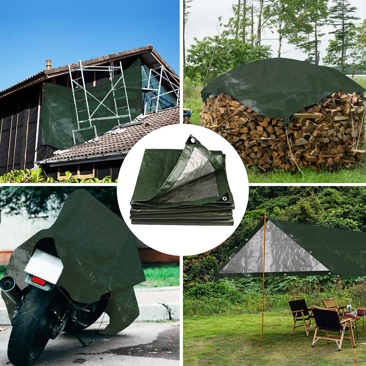 Onarway Poly Tarps Waterproof for Outdoor: Green Tarpaulin 6Mil Thicken 8x8 Ft 2Packs- Anti-UV Waterproof Tarp Cover with Grommets Multipurpose for Boat Pool Roof Camping