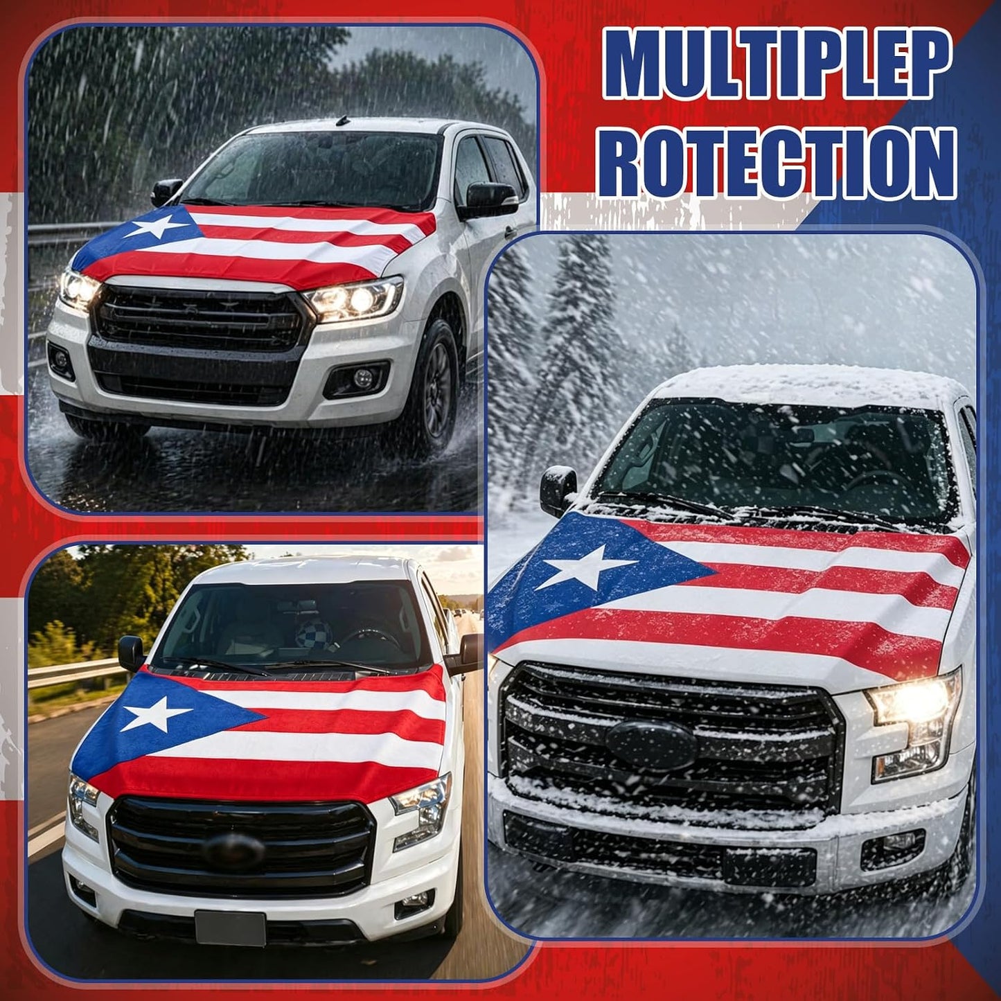 1 Pack Puerto Rico Flag Car Hood Cover 250th Anniversary Weatherproof Car Cover with Adjustable Elastic Straps 63 x 47 Inch Universal Fit Engine Shield for Trucks Suvs All Seasons Outdoor