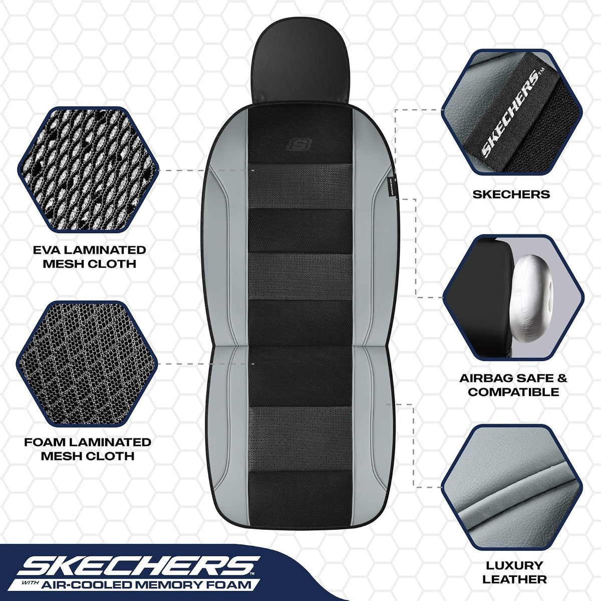 Skechers Air-Cooled Seat Covers, Memory Foam Car Seat Covers Front Seats, Airbag Compatible,Universal Fit for Most Cars, SUVs, Vans and Trucks,Grey
