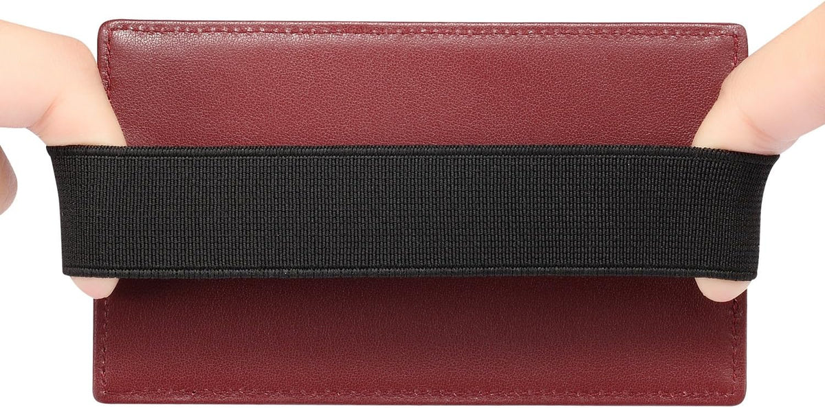 HISCOW Car Sun Visor Card Holder with Elastic Band Fastener - Italian Calfskin (Wine Red)