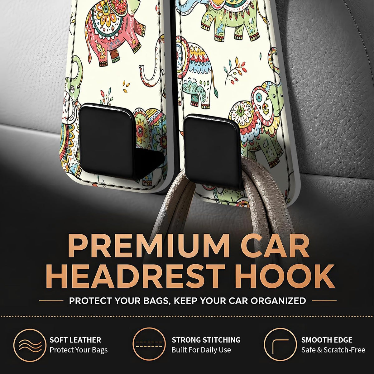 Leather Purse Hook for Car, Universal Cute Car Seat Headrest Hooks, Heavy Duty Vehicle Organizer for Handbags, Funny Car Interior Accessories Boho Cute Elephants