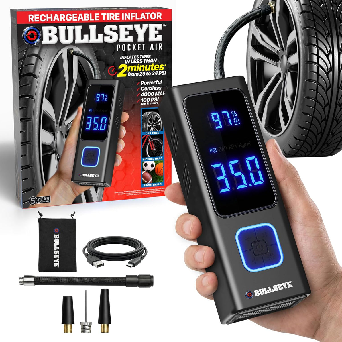POCKET AIR Tire Inflator Portable Air Compressor by BULLSEYE for Tires, Balls, Bike with Persta Valve, Auto Shut Off, Inflates in 2 Min, Cordless Rechargeable 4000MAH,100 PSI, SoS Light