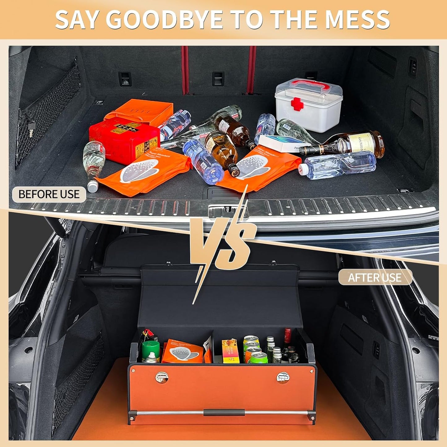 XCF Car Trunk Organizer for SUV, Collapsible Leather Car Storage Trunk Organizer with Lid and Sturdy Handle Car Trunk Leather Storage Box (Orange, 27.1 x 11.4 x 12.2in)