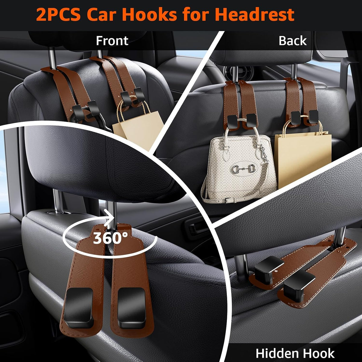 Headrest Hooks For Car, Multifunctional Purse Hook Leather Seat Back Storage Hook Double Metal Hooks Car-Hangers for Seat(2 Pack, Brown)