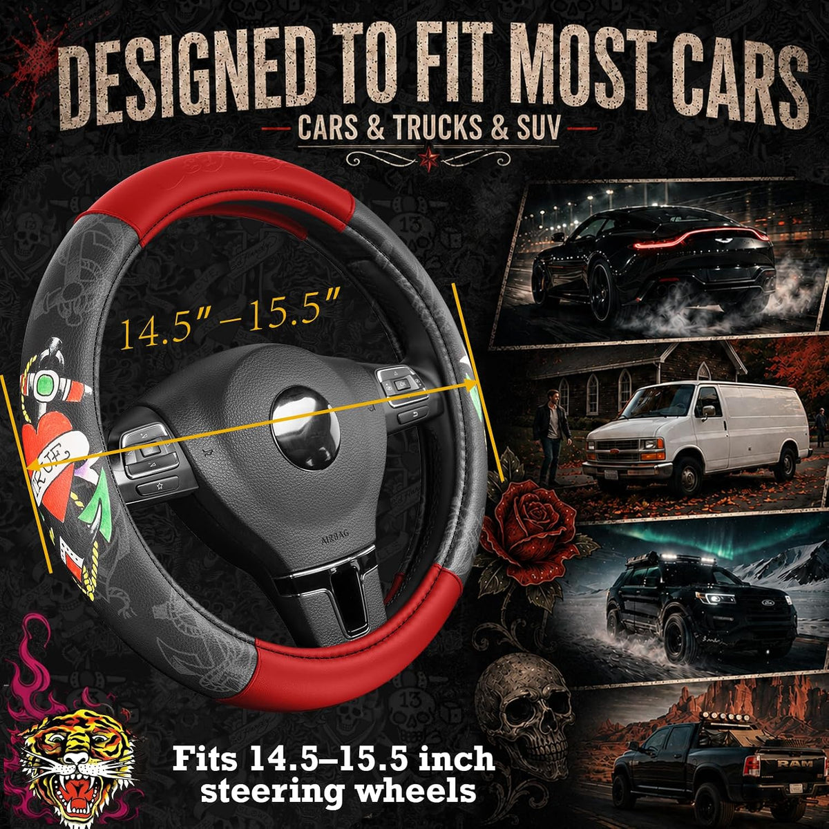 ED HARDY Heart Print Steering Wheel Cover, Red Leather Universal Car Streeing Cover, Fits 14.5-15.5 Inch Steering Wheels, Anti-Slip Comfortable Grip, Durable Auto Interior for Cars, SUVs, Trucks