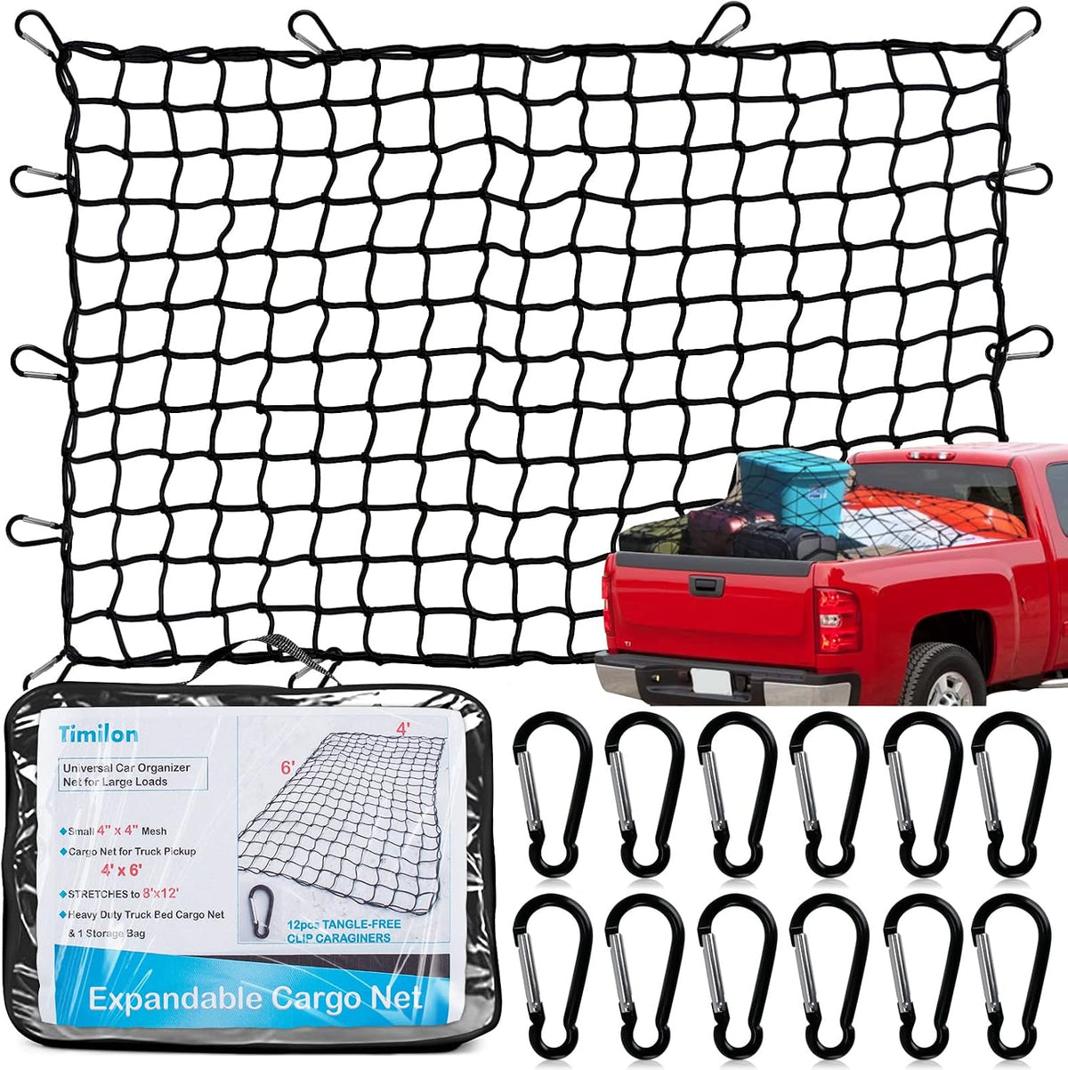 Cargo Net for Pickup Truck Bed 3'x4' Stretches to 6'x8' Heavy Duty Truck Bed Cargo Net 12 Tangle-Free Clip Carabiners and 1 Storage Bag Small 4" x 4" Mesh Universal Car Organizer Net for Large Loads