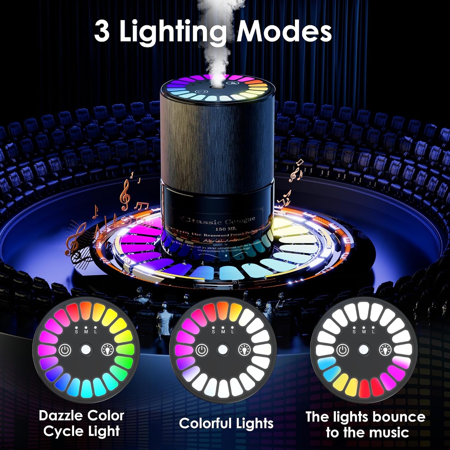 Car Air Freshener, Smart Car Air Freshener, Music-Synced RGB Ambient Lights with Auto On/Off, 150ml, Suitable for Cars, Homes, Offices, Bedrooms (Cologne)
