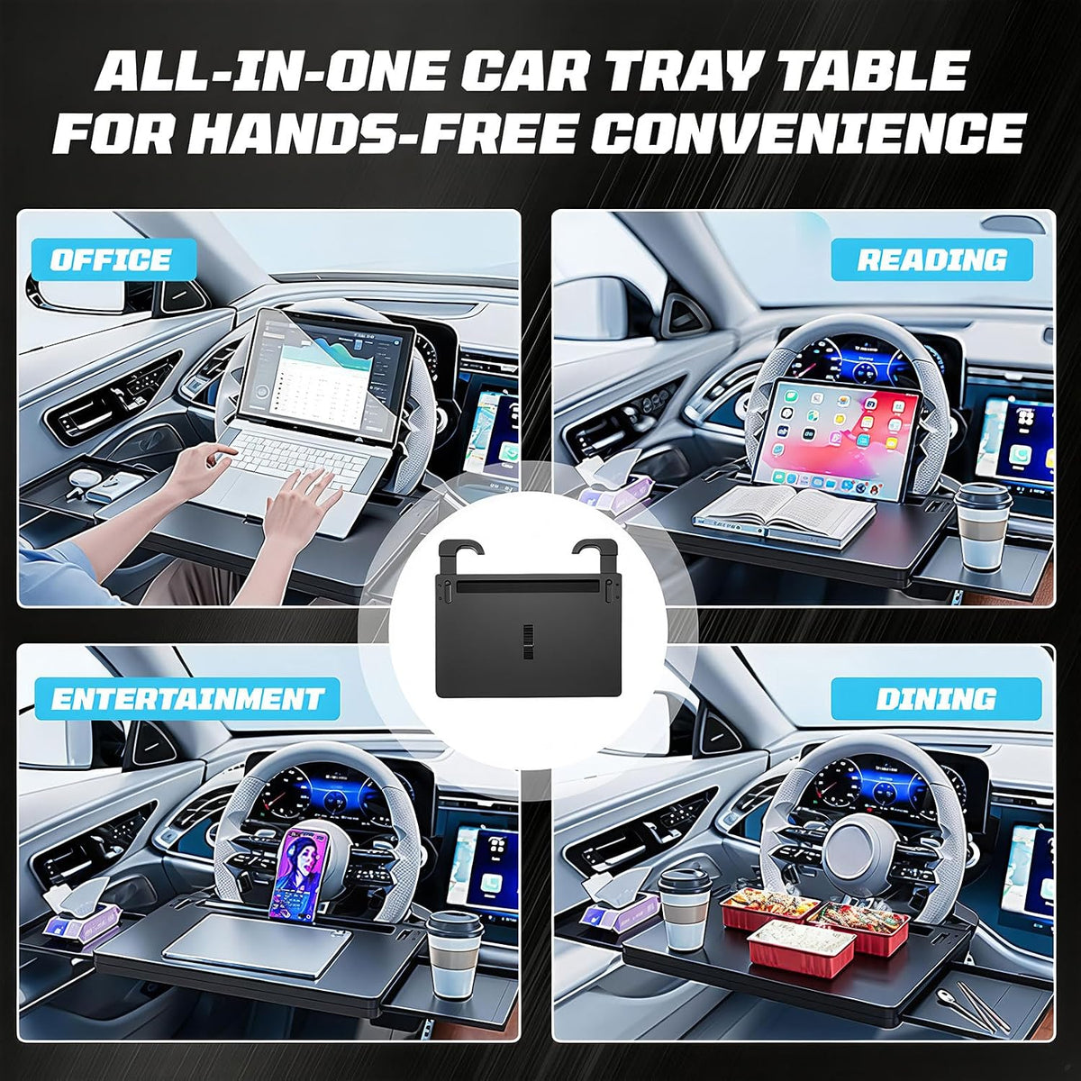 Extendable Steering Wheel Tray, Large Steering Wheel Desk with 2 Retractable Tray, Multipurpose Car Table for Laptop Eating & Working, Fits for Most Cars SUVs Trucks (Black)