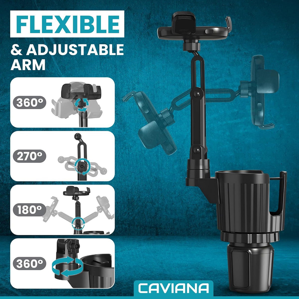 Phone Holder & Phone Mount for Car & Cup Holder Expander – 2-in-1 for Smartphones, Bottles, Tumblers & Coffee Mugs – Strong Clamp, Anti-Shake, 360° Rotation