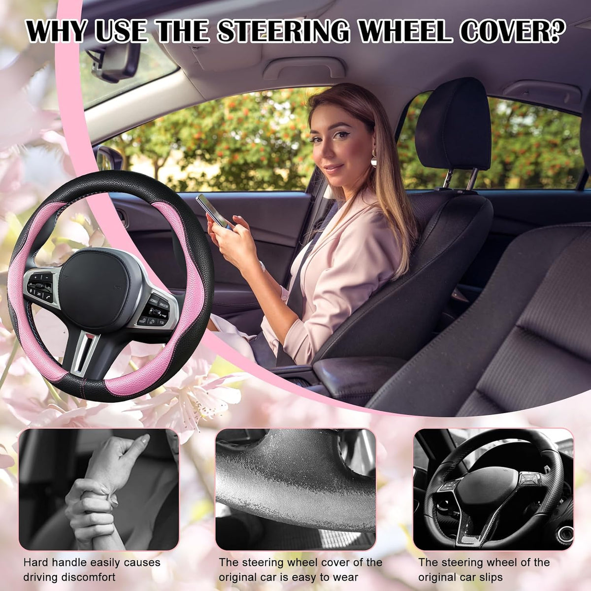 SuperKaKa Car Steering Wheel Cover 2025, Universal Auto PU Cute Breathable Slip-Proof Comfort Imitation Leather Protector Cars Interior Accessories for Women Men Fit Most Vehicle (Pink)