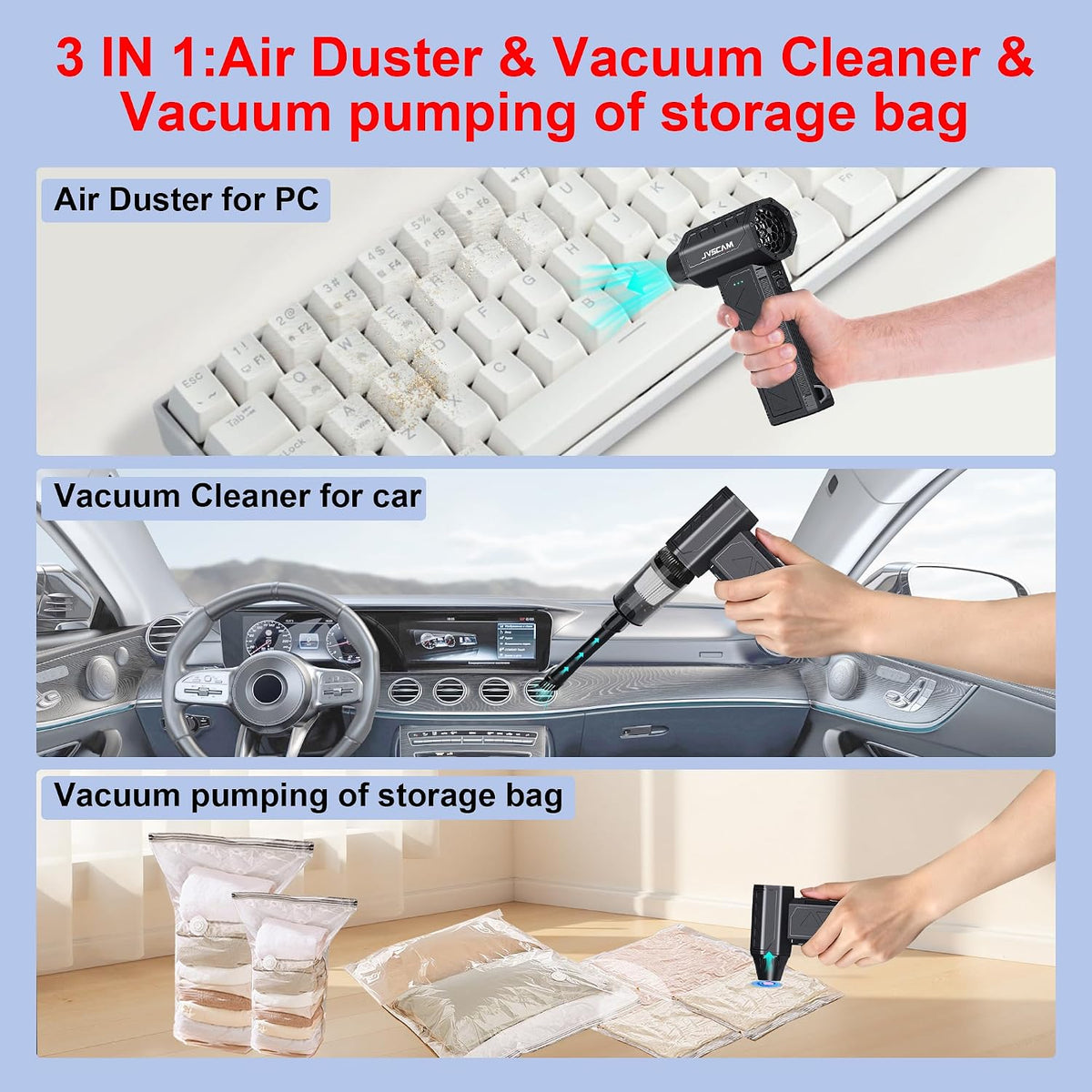 Compressed Air Duster&Vacuum Cleaner, 3-in-1 150000RPM Cordless Air Blower