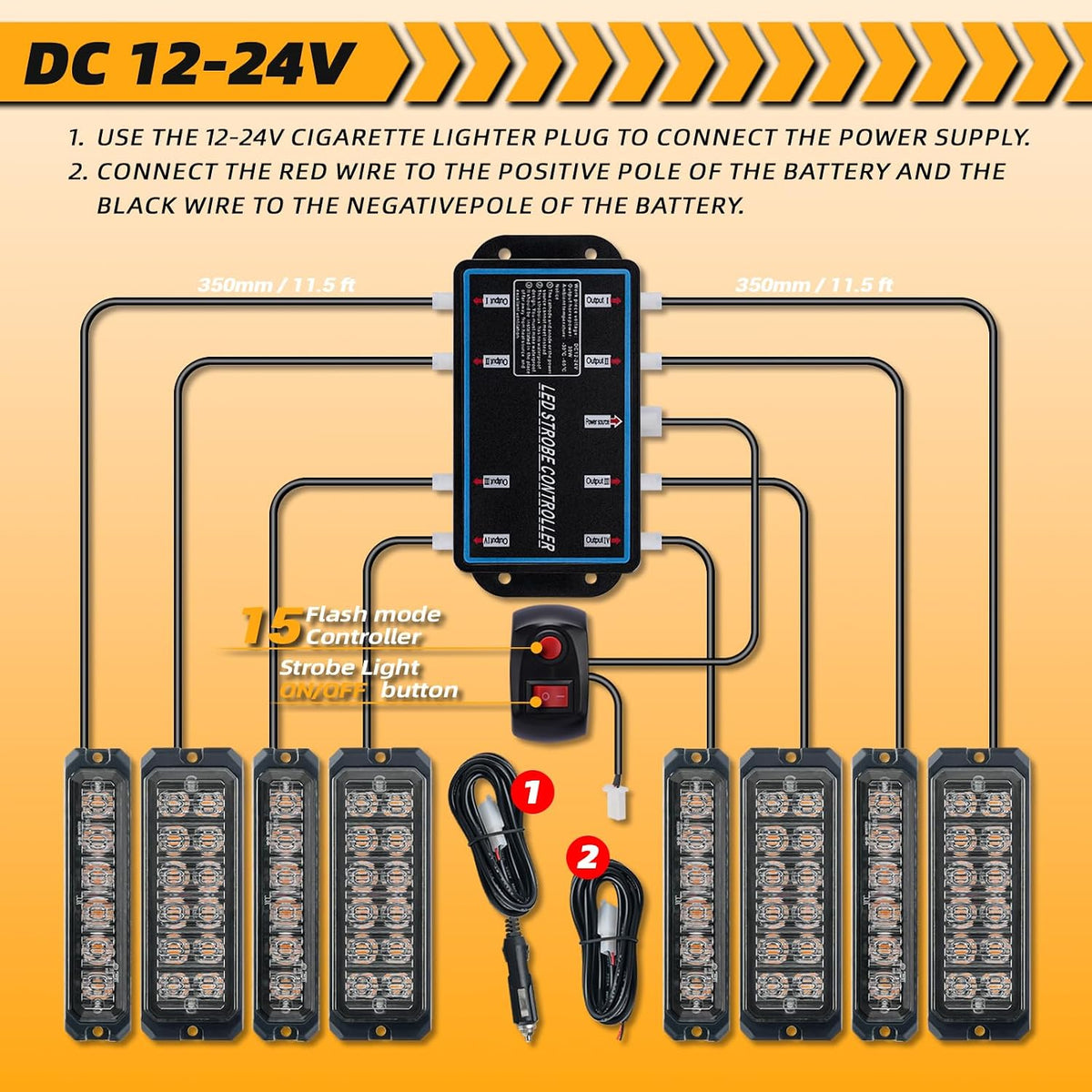 8-pcs Ultra Slim Amber White LED Emergency Flashing Strobe Lights for Vehicles, Trucks, and Cars Sync Feature Surface-Mount Beacon Hazard Light with Controller and Wiring Harness
