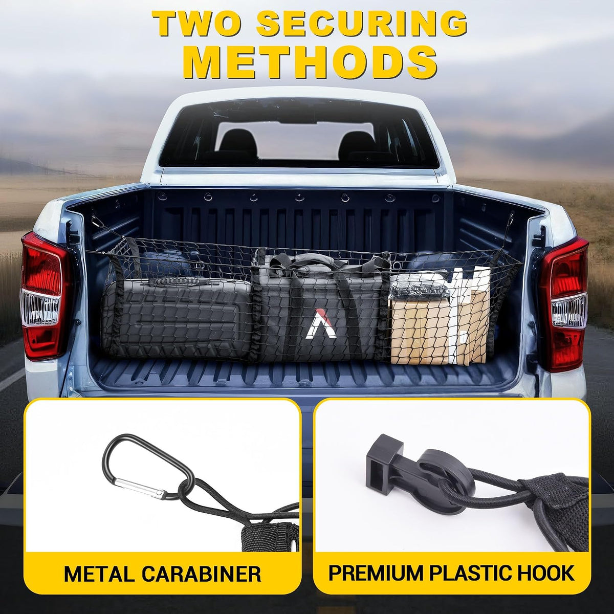 BUMBEE Heavy Duty Mesh Cargo Net 3 Pocket Trunk Bed Storage for 2005-2024 Toyota Tacoma Car, SUV, Pickup Truck Bed with Metal Carabiners Storage Bag(46x14x17Inch)