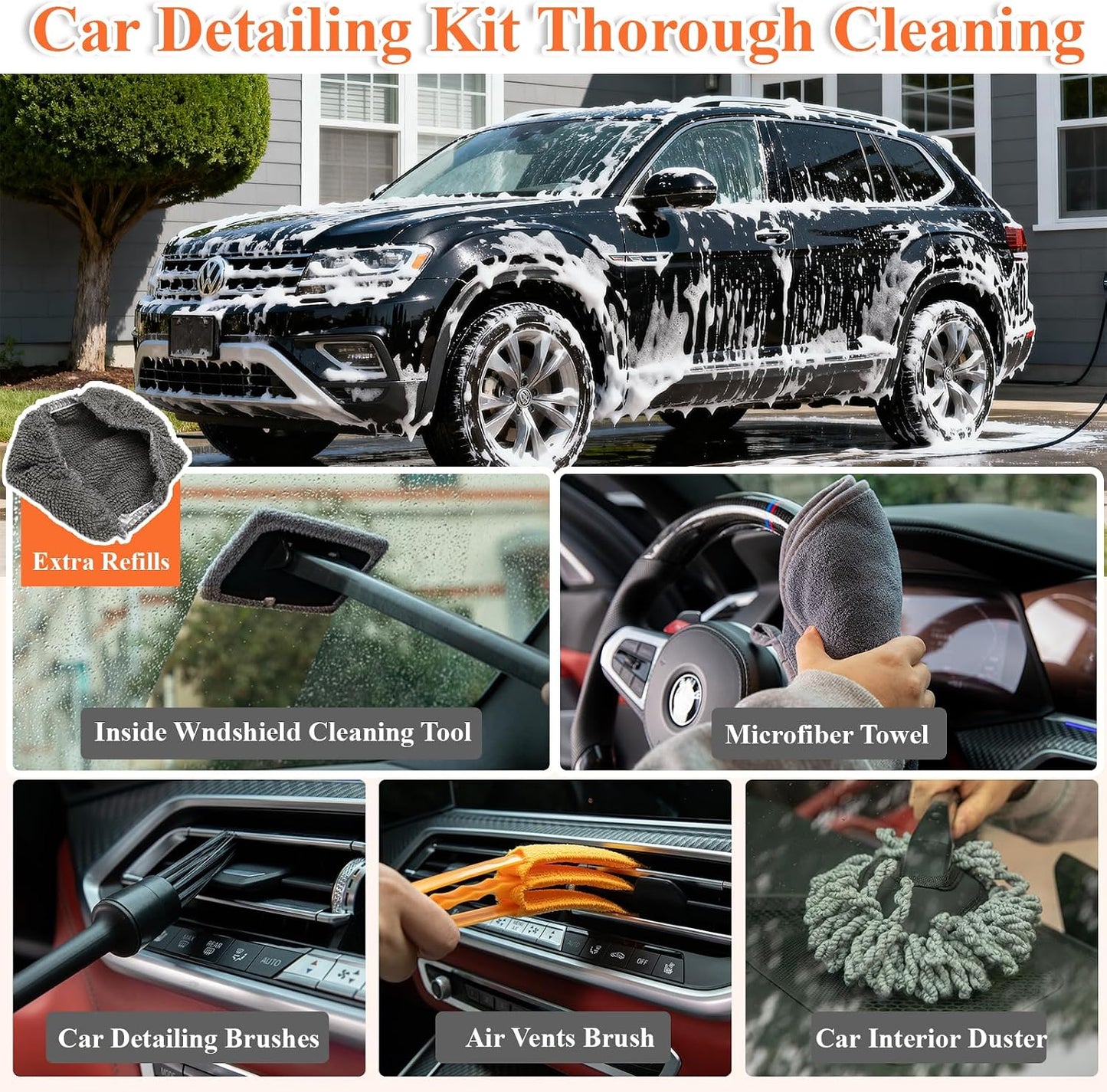 21Pcs Car Wash Kit with 60" Heavy-Duty Extension Pole, Soft Car Wash Brush, Wheel &amp; Tire Brush, Scratch-Free Car Mop Mitt &amp; Window Squeegee, Detailing Tool for Car Exterior &amp; Interior Cleaning