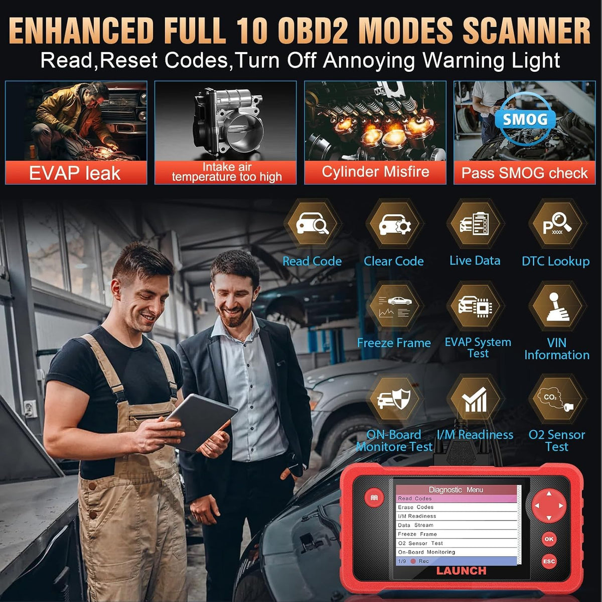 LAUNCH CRP123 V2.0 Plus OBD2 Scanner, All System Scan Tool with 3 Reset
