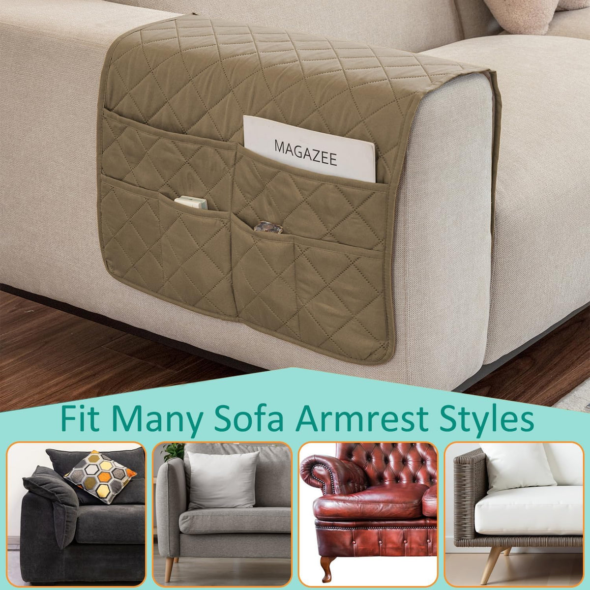 Remote Control Holder for Recliner Non-Slip Armchair Caddy Couch Armrest Organizer, Arm Chair Bedside Caddy Storage Organizer for Recliner Couch With 6 Pockets for Magazine, Phone, iPad (Beige)