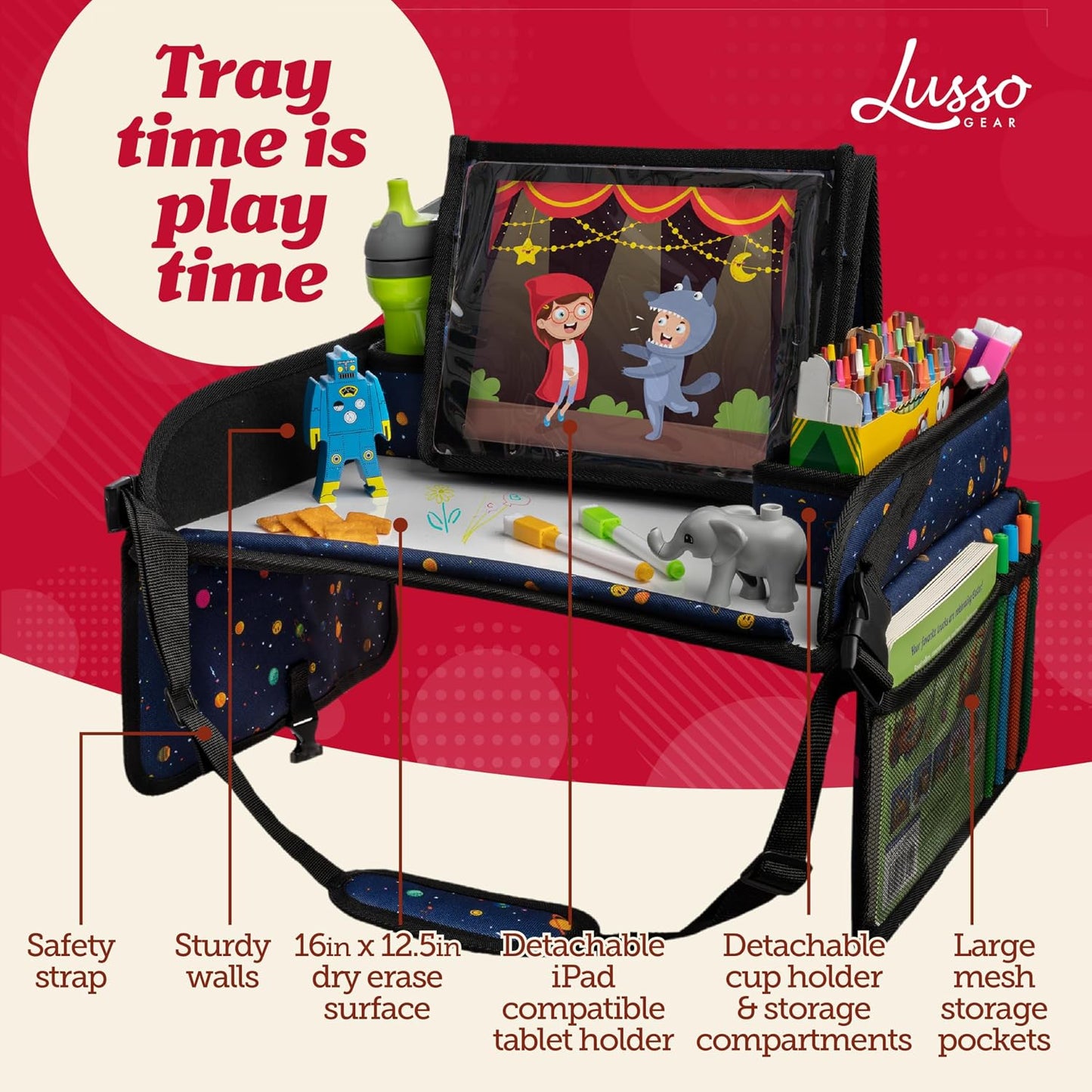 Lusso Gear Car Seat Activity Tray - Dry-Erase Top & Toddler Travel Essential - Mesh Pockets & Car Back Seat Organizer - Cup Holder & Road Trip Essentials for Kids - 600D Oxford Material