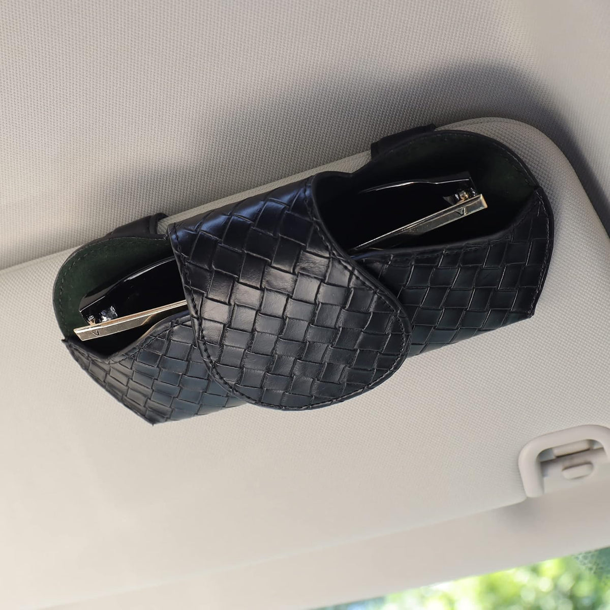 KINIVA Sunglasses Holder for Visor - Leather Glasses Case with Clips for All Car Models (Black)