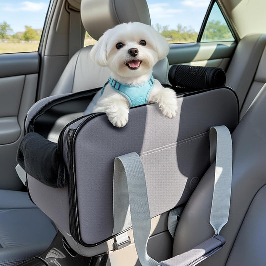 PETSFIT Multipurpose Center Console Dog Car Seat, Airline Approved Dog Car Carrier with Safety Tether and Pockets, Portable Cat Car Seat, Dog Car Seats for Small Dogs, Cats Up to 9 LBS (Deep Grey)
