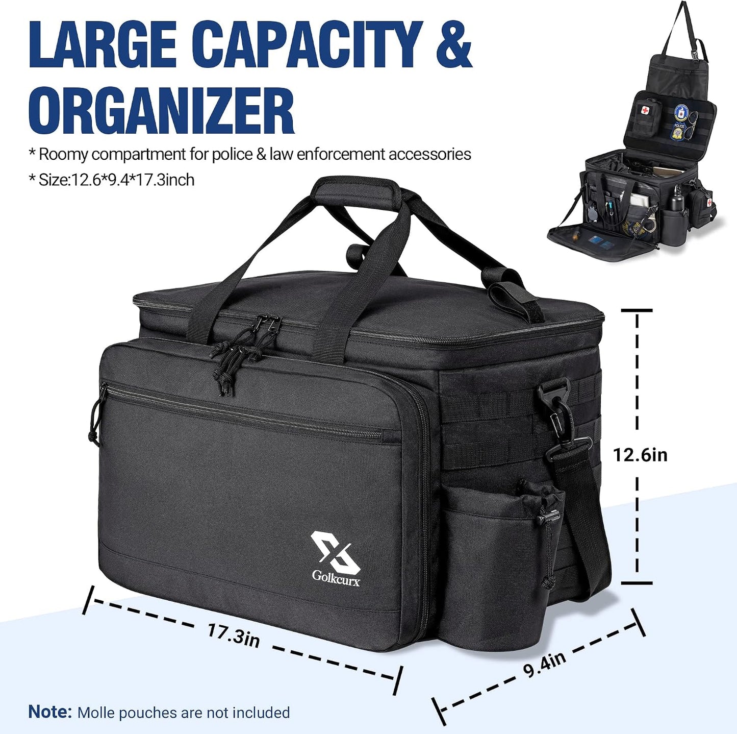 Golkcurx Patrol Bag for Law Enforcement Police Gear, Water-resistant, Black | Heavy Duty Police Duty Bag, Front Seat Organizer, Adjustable Modular Interior, MOLLE System, for Patrol Officers Security