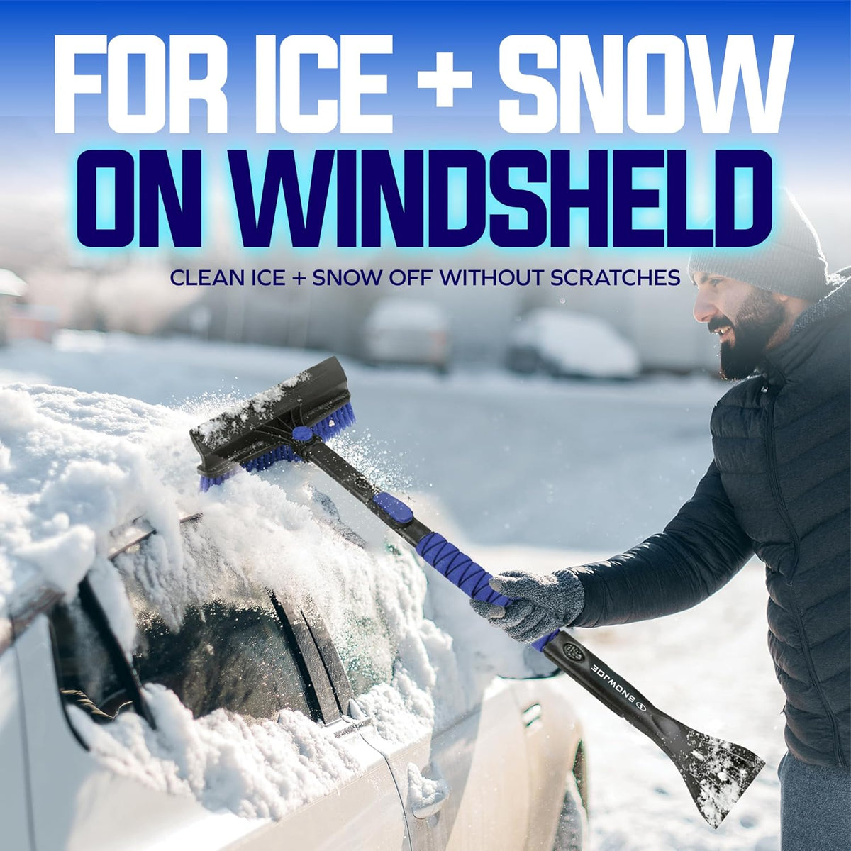 Snow Joe 45-Inch Multi-Purpose Ice Scraper for Car Windshield and Extendable Snow Brush with Foam Grip, 360° Pivoting Brush Head and Squeegee, for Car, Truck, SUV, Snow Removal Winter Car Accessory