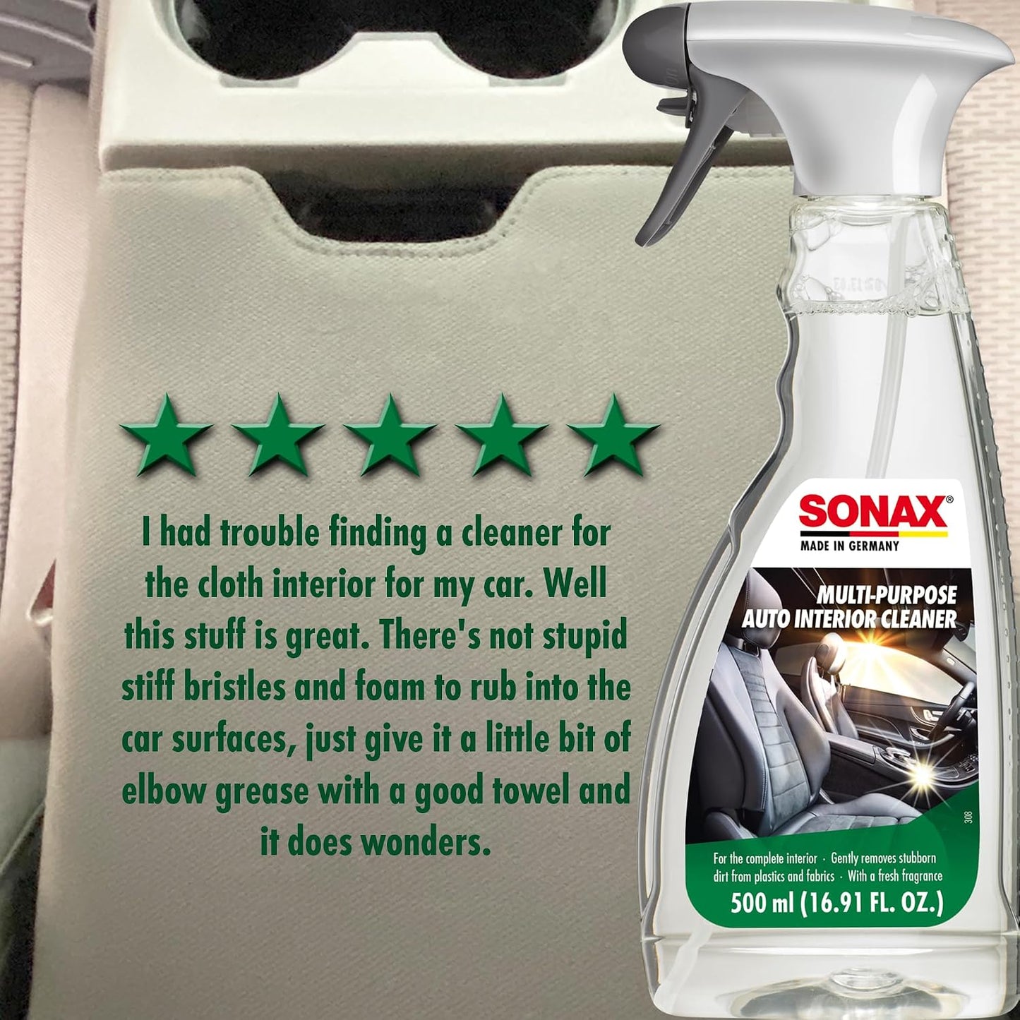 SONAX Multi-Purpose Interior Cleaner 321200 | Powerful Stain Remover & Deodorizer for Fabric, Upholstery, Carpet, Door Panels & Headliners | Eliminates Odors, Freshens Car, RV & Home Interiors | 500ml