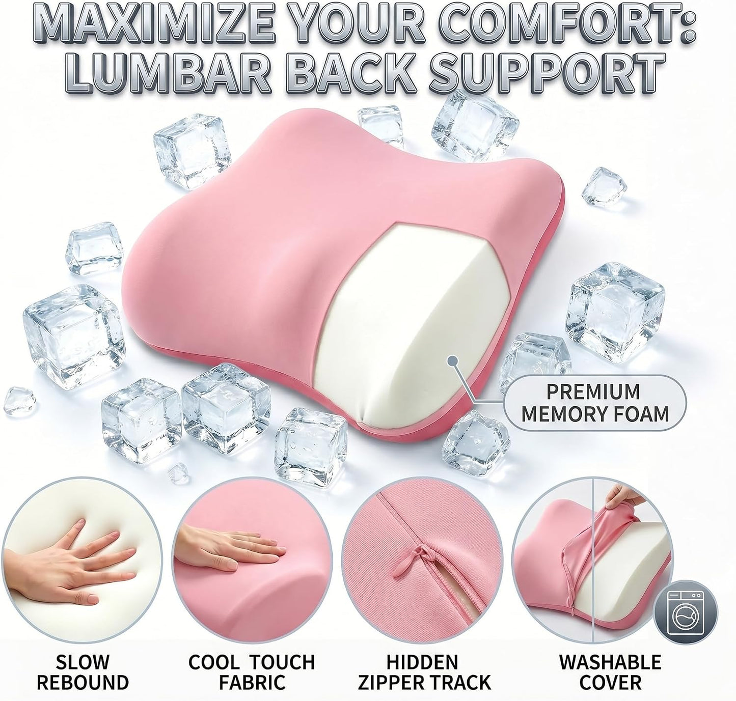 Lumbar Support Pillow, Ergonomic Memory Foam Back Cushion for Car Office Chair Gaming Chair, Washable Cool-Touch Cover for Lower Back Support (Pink)